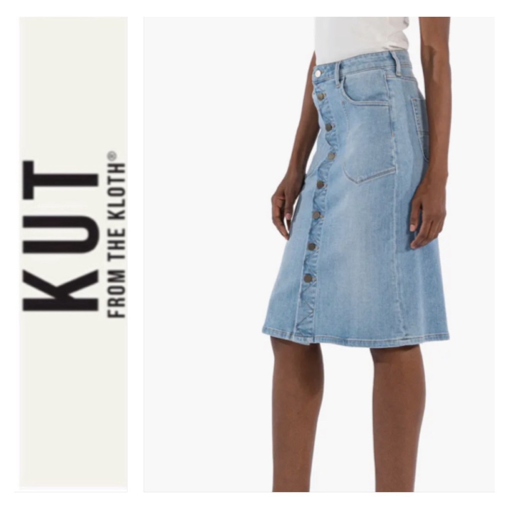 KUT From The Kloth Rose Button Front Denim Jean Skirt Size 2 Stretch Light Wash